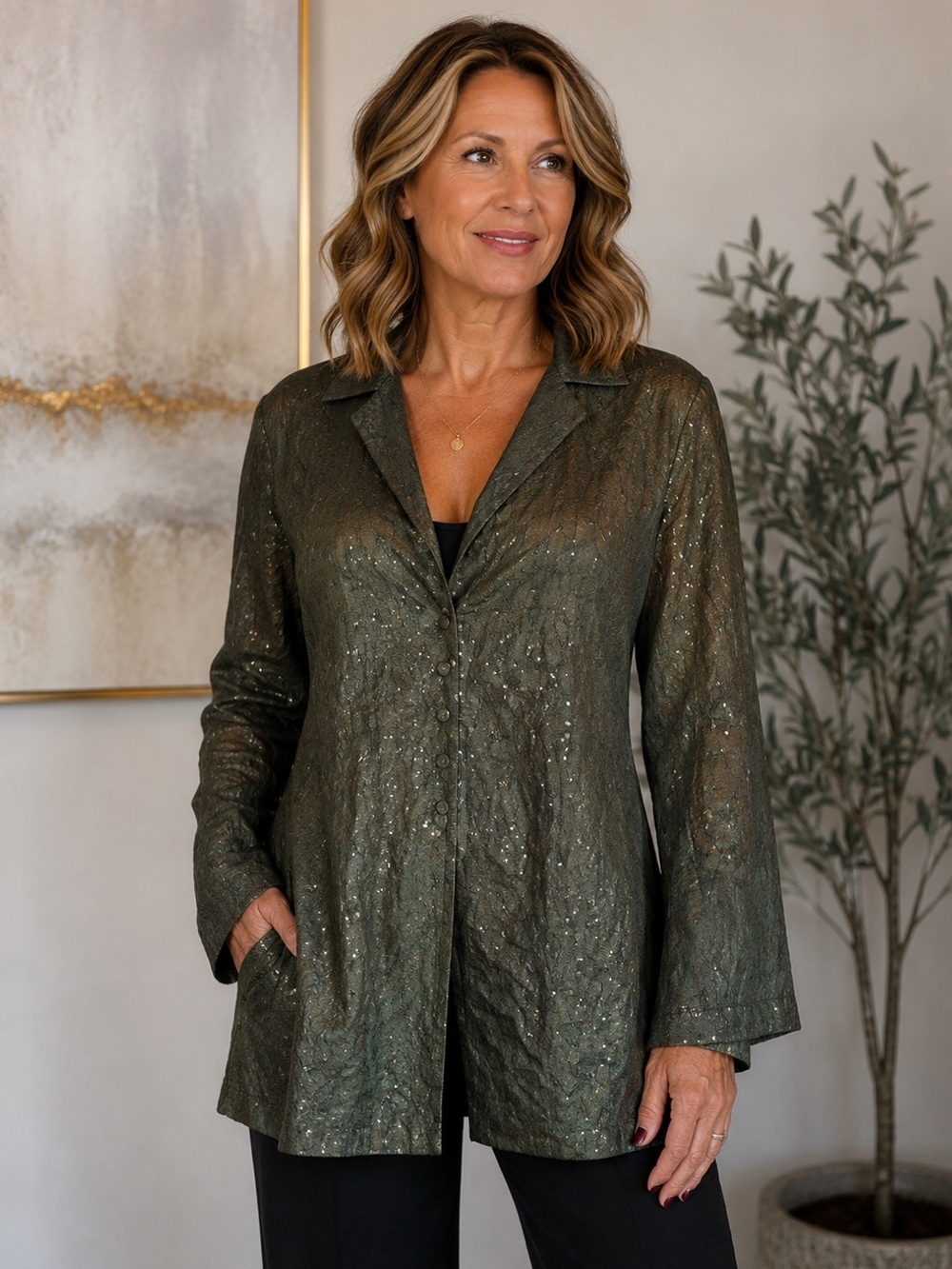 EILEEN FISHER Silk Embroidered Green Sequin Jacket Size S Holiday Christmas